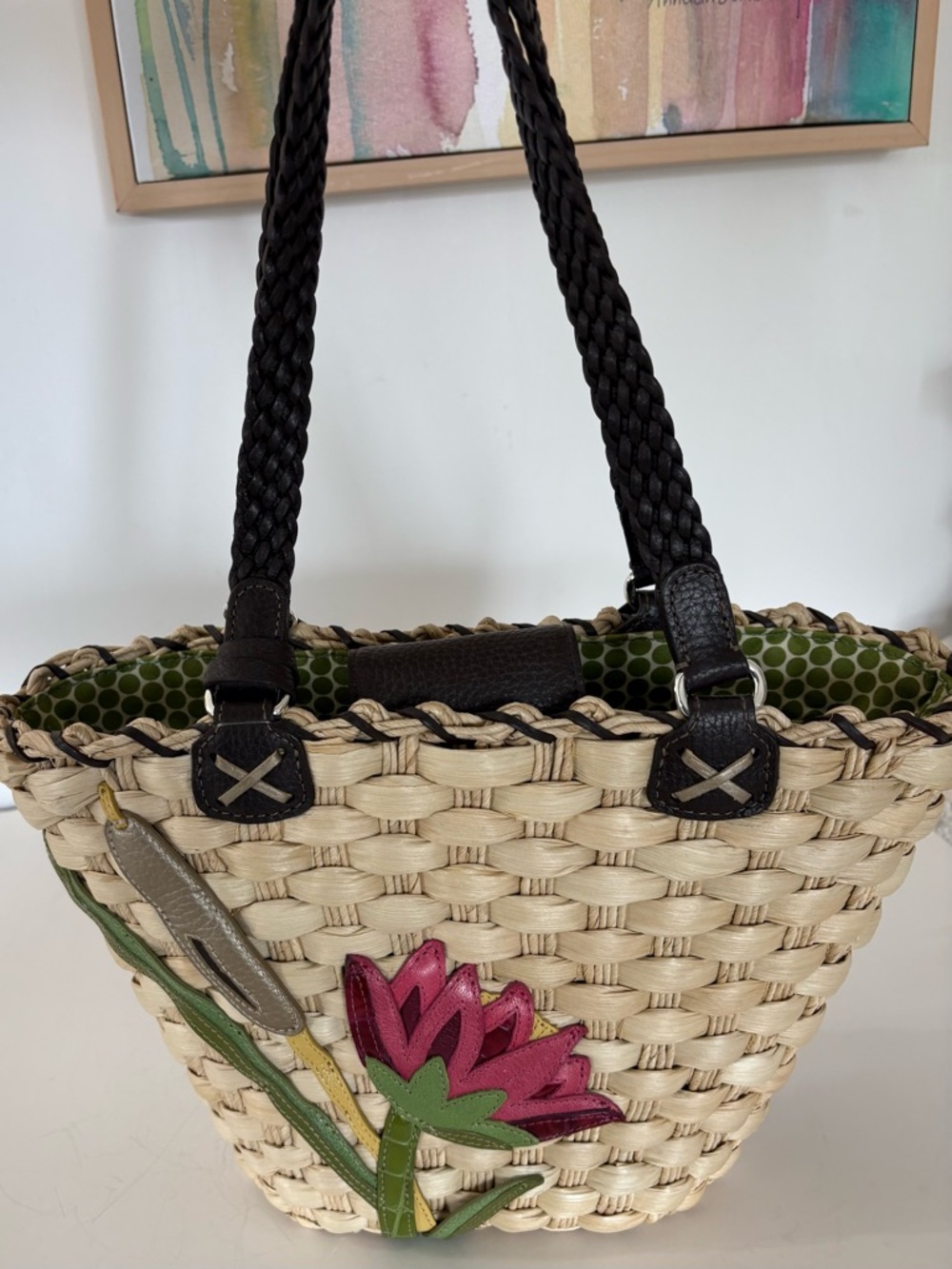 BRIGHTON Raffia Leather Floral Beach Tote Bag Coastal Vacay Natural Vacation EUC - Picture 7 of 16